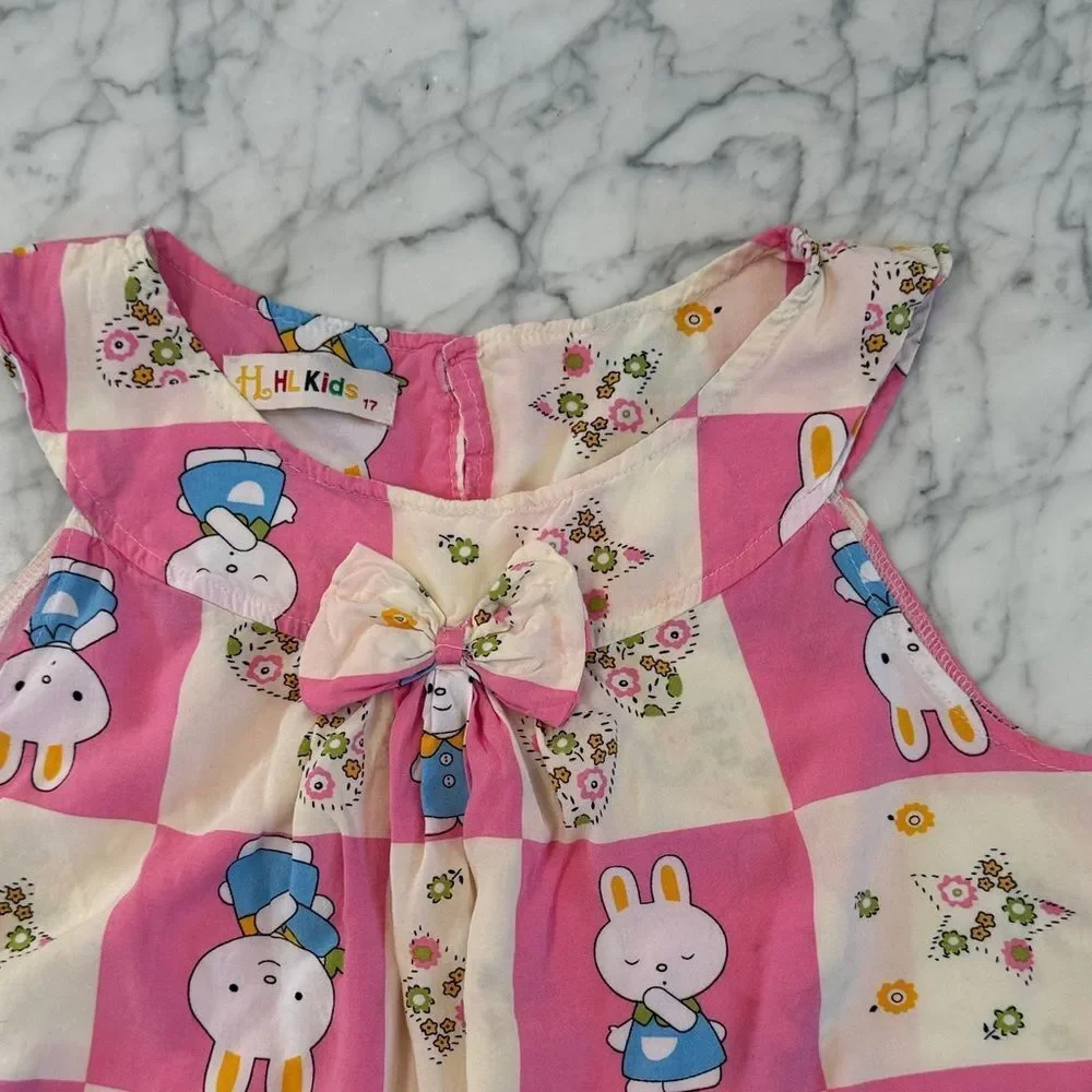 Pink and Cream Bunny Print Dress Girls 5/6Y Dress Women’s XS Top